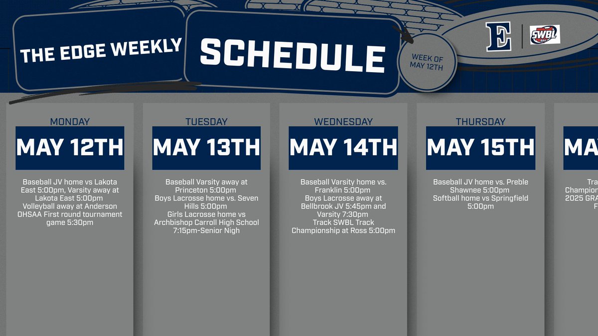 TheEdge_Athletics (@theedgeathletic) on Twitter photo Your guide to all Edgewood Athletics events for the week of May 12th. Stay up to date with The Edge Weekly Schedule. #THEEDGE <a href="/SWBLSPORTS/">Southwestern Buckeye League</a> @SWOSPORTSDAILY @THEREPORTOHIO @EDGEWOODATHLET1 @EDGEWOODBANDS Your guide to all Edgewood Athletics events for the week of May 12th. Stay up to date with The Edge Weekly Schedule. #THEEDGE <a href="/SWBLSPORTS/">Southwestern Buckeye League</a> @SWOSPORTSDAILY @THEREPORTOHIO @EDGEWOODATHLET1 @EDGEWOODBANDS