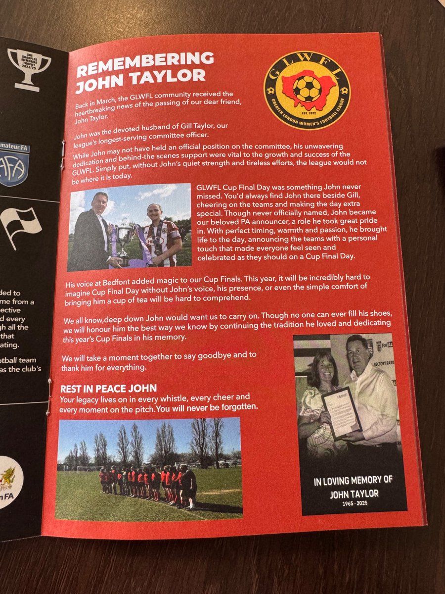 Our #GLWFL Cup Final admission fees are being donated to the MND association in memory of our dear friend John Taylor. Thank you to all of our spectators today for your kind donations. A full total will be announced shortly. Rest in peace John, you will never be forgotten ❤️