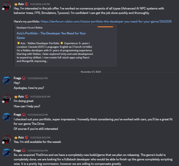FragzRBLX's tweet photo. @Caviahr1 @AzizD3v (1) This user was to come on as a Part Time developer for a driving game, on our studio called Core. He was tasked with being a primary programmer that could script the entirety of the game. Compensation was discussed and details were set in stone for the whole game. https://t.co/itTL1usoQY