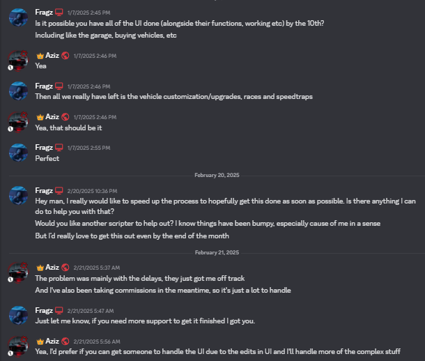 FragzRBLX's tweet photo. @Caviahr1 @AzizD3v (1) This user was to come on as a Part Time developer for a driving game, on our studio called Core. He was tasked with being a primary programmer that could script the entirety of the game. Compensation was discussed and details were set in stone for the whole game. https://t.co/itTL1usoQY