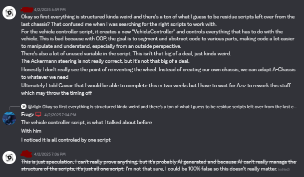 FragzRBLX's tweet photo. @Caviahr1 @AzizD3v (3) He then asked for the full payment for the commission, as he could not wait on our part. After we brought on two other programmers, things started to get suspicious. Two of our other programmers noticed that majority of the code was structured with AI. https://t.co/2dtmzqlAaM