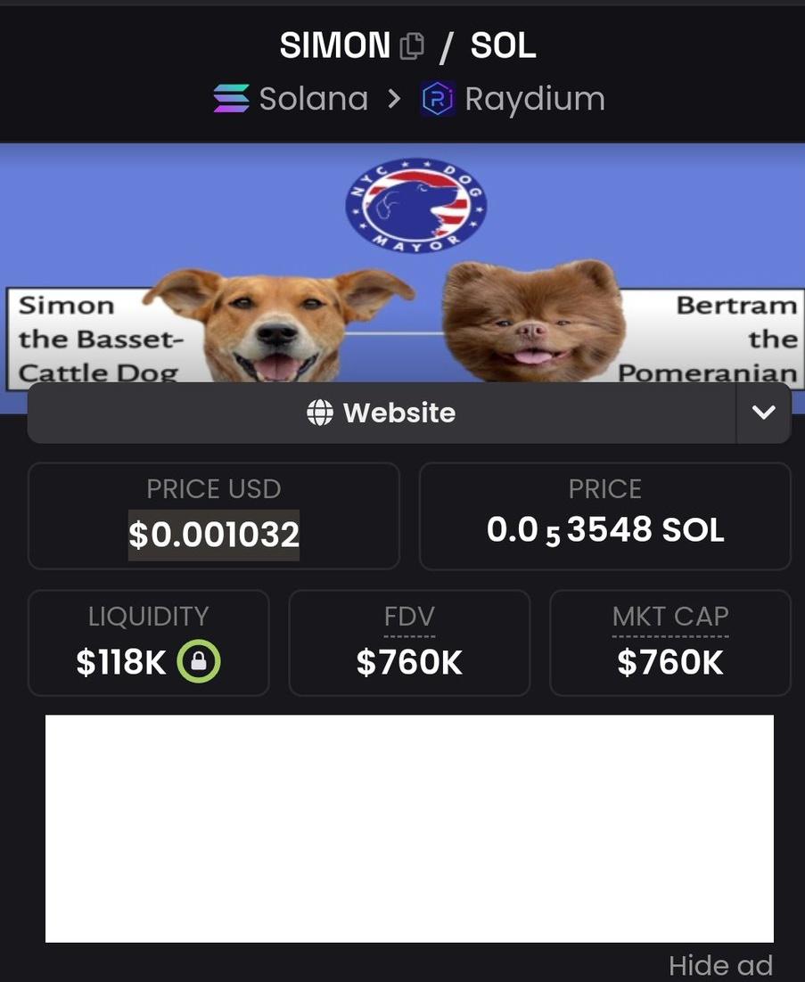 $BERT is at $51 million and came 2ND in the NYC dog mayor race

$SIMON is at $1.1 million and came 1ST in the NYC dog mayor race

Follow us on Telegram for FREE instant Crypto Signals🚀
t.me/+nZ4pbWq5cJY0Z…

$SOL $BONK $POPCAT $DOGE $SHIB $PEPE $GIGA