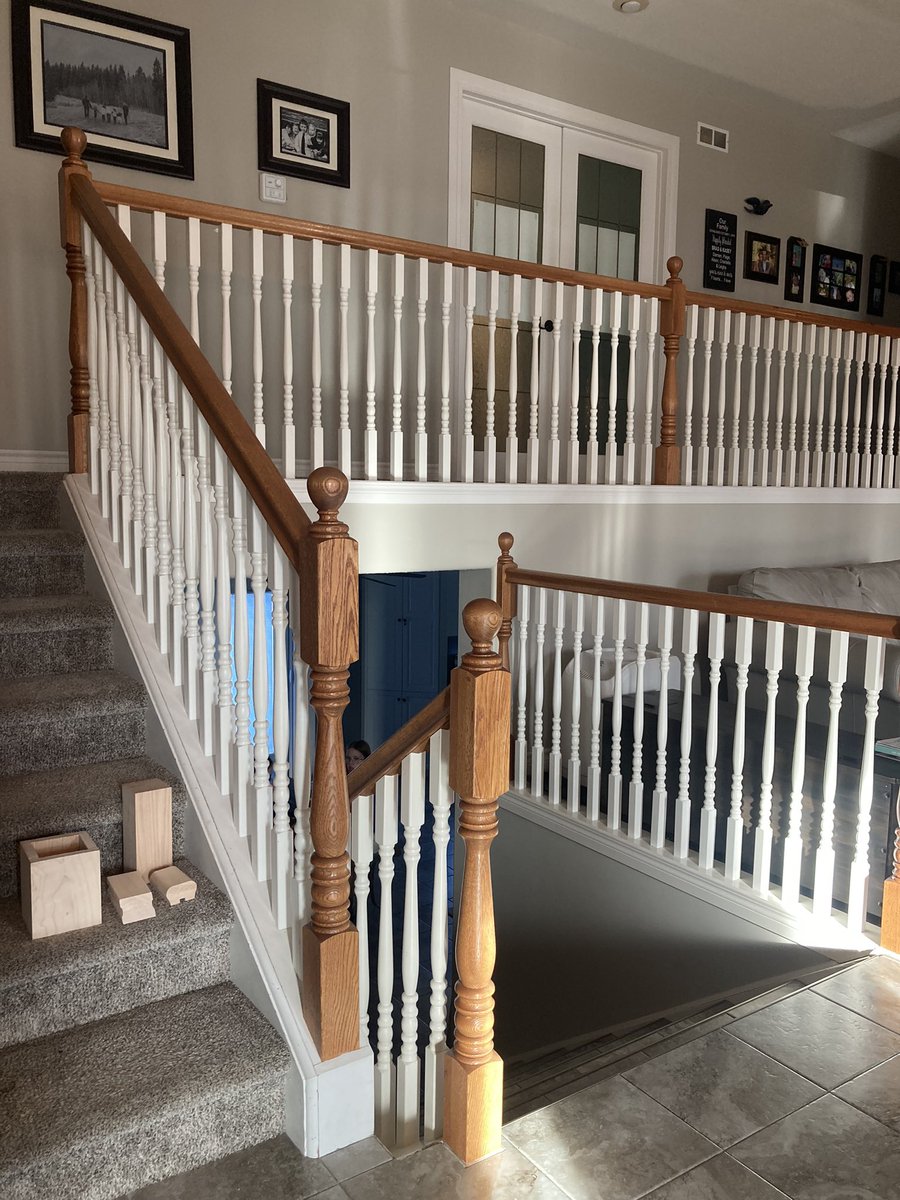 From Oak to Maple 🍁 
Out with the big pickets and knobby posts! Fresh railing for this family 
#bullseyecontracting #renovations #lacombe #ponoka