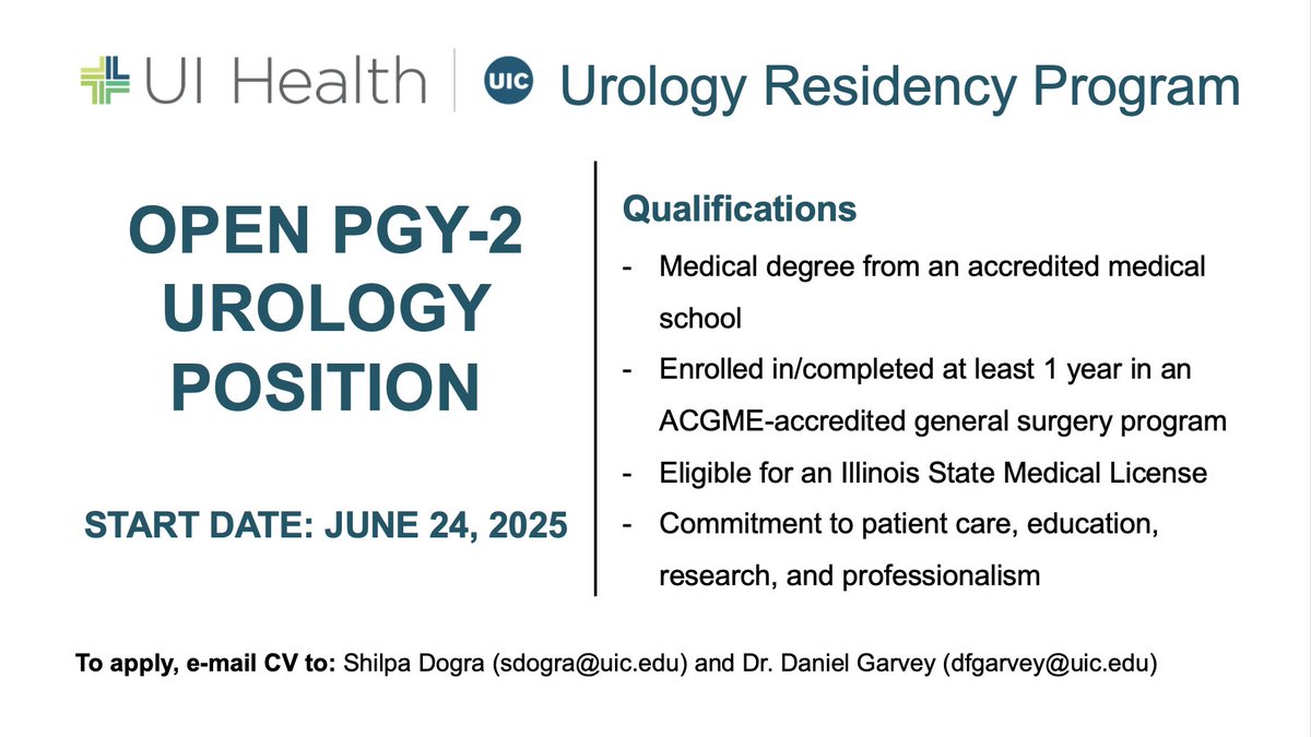 UIC Urology (@uicurol) on Twitter photo We have a PGY-2 opening at UIC Urology! This is a great opportunity to train at a program with terrific culture, leading faculty in the field, high clinical volume, and cutting-edge innovation & research! <a href="/NCSAUA/">North Central Section AUA</a> <a href="/AmerUrological/">Amer. Urol. Assn.</a> <a href="/UroAcademic/">Society of Academic Urologists</a> <a href="/Uro_Res/">The Urology Applicant ⚕</a> <a href="/UroResidency/">UroResidency</a> <a href="/APDSurgery/">APDS surgery</a> We have a PGY-2 opening at UIC Urology! This is a great opportunity to train at a program with terrific culture, leading faculty in the field, high clinical volume, and cutting-edge innovation & research! <a href="/NCSAUA/">North Central Section AUA</a> <a href="/AmerUrological/">Amer. Urol. Assn.</a> <a href="/UroAcademic/">Society of Academic Urologists</a> <a href="/Uro_Res/">The Urology Applicant ⚕</a> <a href="/UroResidency/">UroResidency</a> <a href="/APDSurgery/">APDS surgery</a>