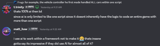 FragzRBLX's tweet photo. @Caviahr1 @AzizD3v (4) This made us start looking into his programming, I personally have no problem with people structuring their actual work with AI. However, what we found out is that the programming for the game, was completely done with AI. He did not write any of the code himself. https://t.co/ERTYg5fv6r
