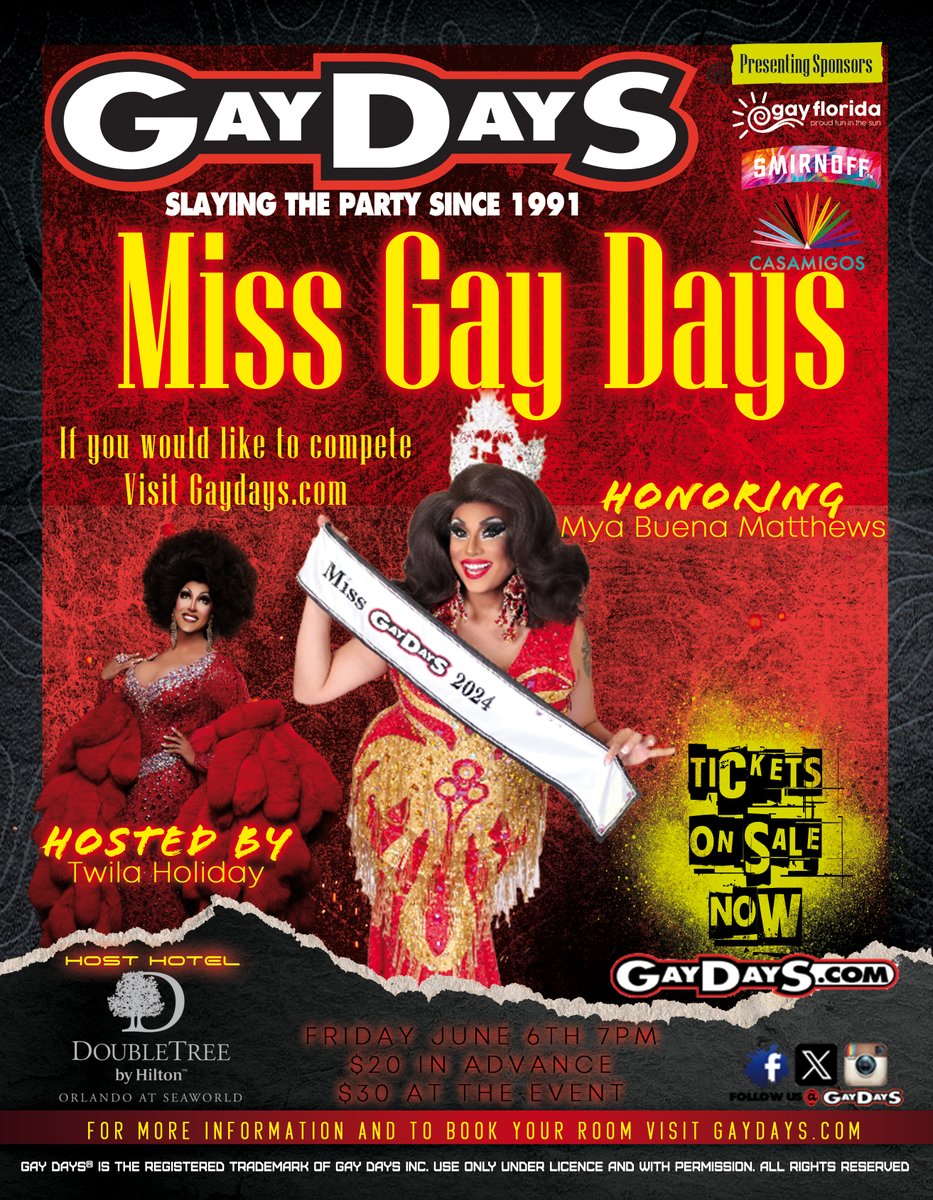 Feel like royalty? The Miss Gay Days Pageant is looking for contestants ready to shine. Whether you walk the stage or cheer from the crowd, join the celebration of talent and spirit.

The pageant takes place Friday, June 6th at 7 PM. Hosted by Twila Holiday and honoring Mya Buena
