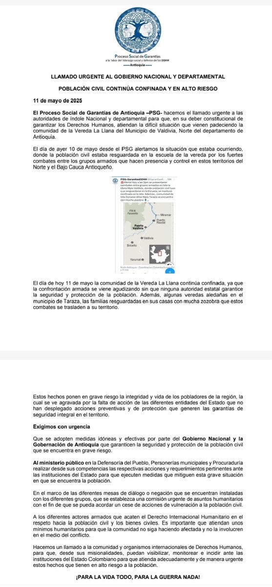 #LlamadoUrgente al Gbno Nacional y Departamental, en el presente comunicado alertamos la grave situación de confinamiento de la comunidad Vda El Llano de Valdivia ante los combates que persisten de grupos armados. Es urgente medidas que atiendan la protección de la comunidad.