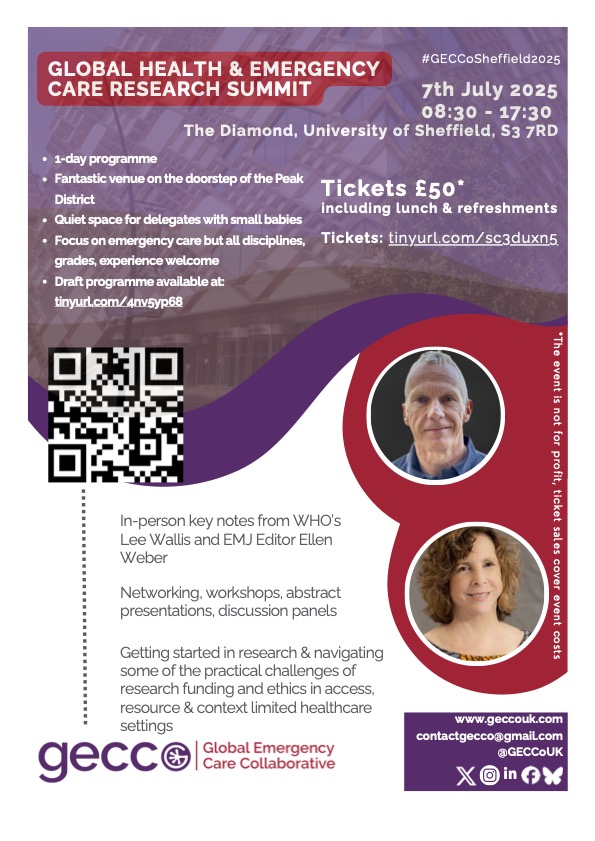 Global Emergency Care Collaborative UK (@geccouk) on Twitter photo Excited to announce our keynote speakers:
Lee Wallis - <a href="/WHO/">World Health Organization (WHO)</a> Lead for Emergency & Critical Care
Ellen Weber - EMJ Editor in Chief & Prof of EM at <a href="/UCSF/">UC San Francisco</a>
🎟️Tickets remain - don't miss out: tinyurl.com/sc3duxn5
See ticketing site for provisional programme Excited to announce our keynote speakers:
Lee Wallis - <a href="/WHO/">World Health Organization (WHO)</a> Lead for Emergency & Critical Care
Ellen Weber - EMJ Editor in Chief & Prof of EM at <a href="/UCSF/">UC San Francisco</a>
🎟️Tickets remain - don't miss out: tinyurl.com/sc3duxn5
See ticketing site for provisional programme