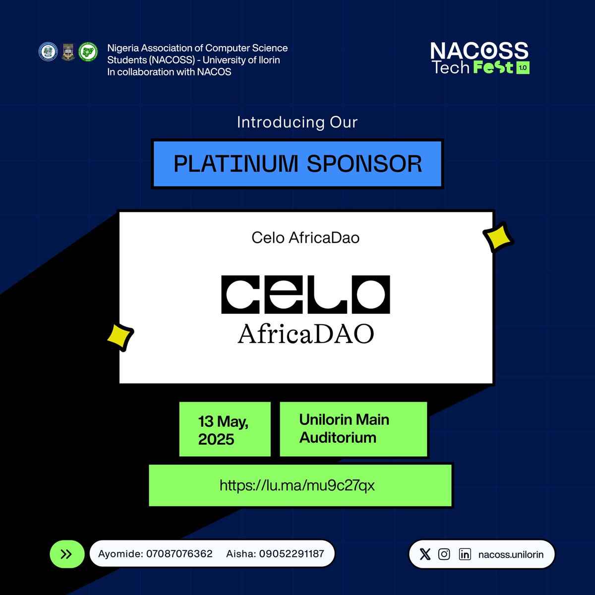 NACOSS_UIL's tweet image. We&apos;re honored to have @CeloAfricaDAO as our Platinum Sponsor at #NACOSSTechFest1_0!
A community-led initiative, CELO Africa DAO is accelerating Web3 adoption across Africa through incubator programs, developer outreach, and grassroots innovation.
Empowering builders, transforming