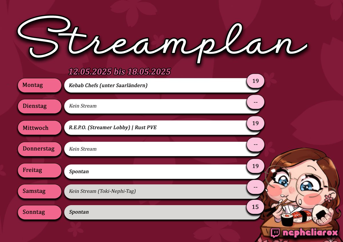 _Nephelia_'s tweet photo. Meine Lieben, hier der neue Streamplan. Heute kein Stream, die Tage über Kebab Chefs unter Saarländern, Rust PVE, REPO  &amp; spontaner Stream. Schaut gerne rein &amp; schenkt ein LURK 

#Streamplan #schedule #TwitchDE #TwitchTV #Gervtuber #Vtuber #liebe #Communityliebe #smallstreamer https://t.co/GgCssybIzP
