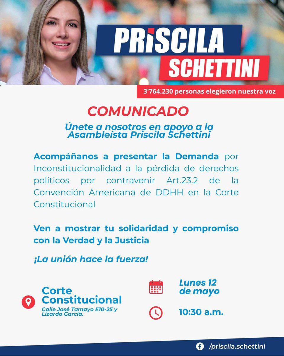 Priscila Schettini (@prisschettini) on Twitter photo 🚨Acompáñame mañana 12 de mayo de 2025, a las 10h30 am a la <a href="/CorteConstEcu/">Corte Constitucional</a>, presentaremos la Demanda por Inconstitucional a la pérdida de derechos políticos por contravenir el Art. 23.2 de la Convención Americana de DDHH
La lucha nunca ha sido fácil, pero rendirnos NO es opción 🚨Acompáñame mañana 12 de mayo de 2025, a las 10h30 am a la <a href="/CorteConstEcu/">Corte Constitucional</a>, presentaremos la Demanda por Inconstitucional a la pérdida de derechos políticos por contravenir el Art. 23.2 de la Convención Americana de DDHH
La lucha nunca ha sido fácil, pero rendirnos NO es opción