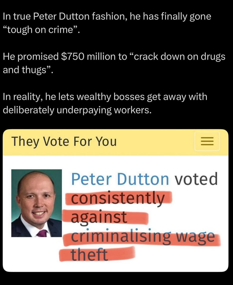 streamydreamy12's tweet photo. Dutton’s ‘tough on crime’ — unless you’re a boss stealing wages. Then it’s ‘carry on, mate’. He’ll jail a teen with weed but won’t criminalise wage theft. That’s not justice — that’s class warfare. 💼🧾 #WageTheft #DuttonFails #ProtectWorkers https://t.co/GyKaDr8UaG