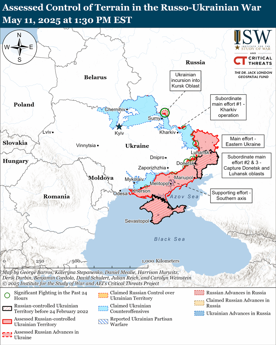 TheStudyofWar's tweet photo. NEW: Putin called for Russia and Ukraine to resume bilateral negotiations based on the early 2022 Istanbul protocols that include Russian demands amounting to full Ukrainian surrender. Any agreement based on those protocols would be a capitulation document.

Putin also continues to demand that any negotiations address Russia's perceived "root causes" of the war in Ukraine.

Putin is attempting to manipulate ongoing discussions about a ceasefire and future peace in Ukraine, likely in an effort to undermine Ukrainian-US-European unity around a comprehensive 30-day ceasefire in Ukraine.

Ukrainian President Volodymyr Zelensky and Turkish President Recep Tayyip Erdogan accepted Putin's proposal to hold bilateral negotiations in Turkey on May 15.

Ukrainian forces recently advanced near Toretsk. Russian forces recently advanced in the northern Kharkiv and Novopavlivka directions.