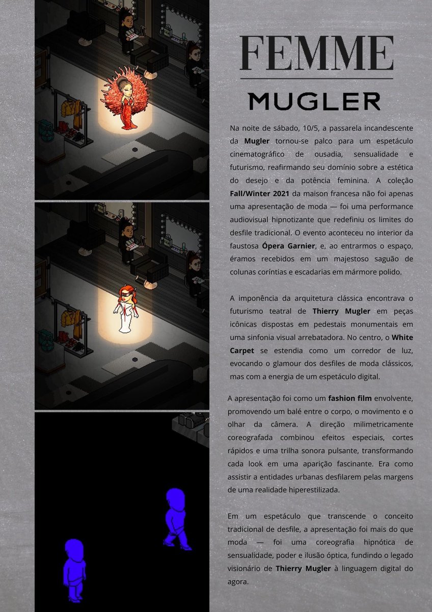 A maison Mugler apresentou sua coleção Fall/Winter 2021 na imponente Ópera Garnier, proporcionando uma experiência visual que transcendeu os limites do desfile tradicional.

#MUGLERxHFI
