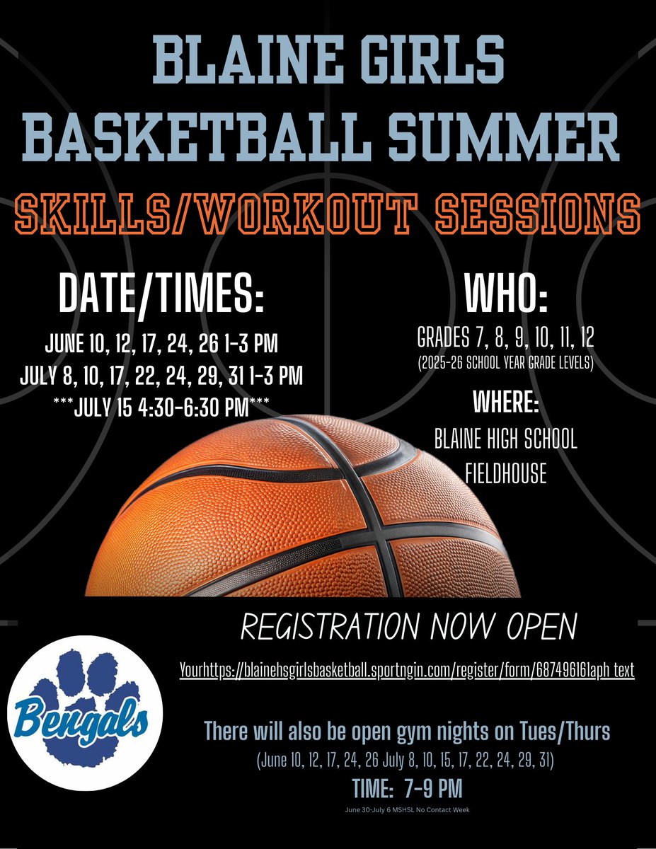Summer HS Skills Workouts
Grades 7-12 are invited to the HS skills summer workouts

Registration Link:  blainehsgirlsbasketball.sportngin.com/register/form/…