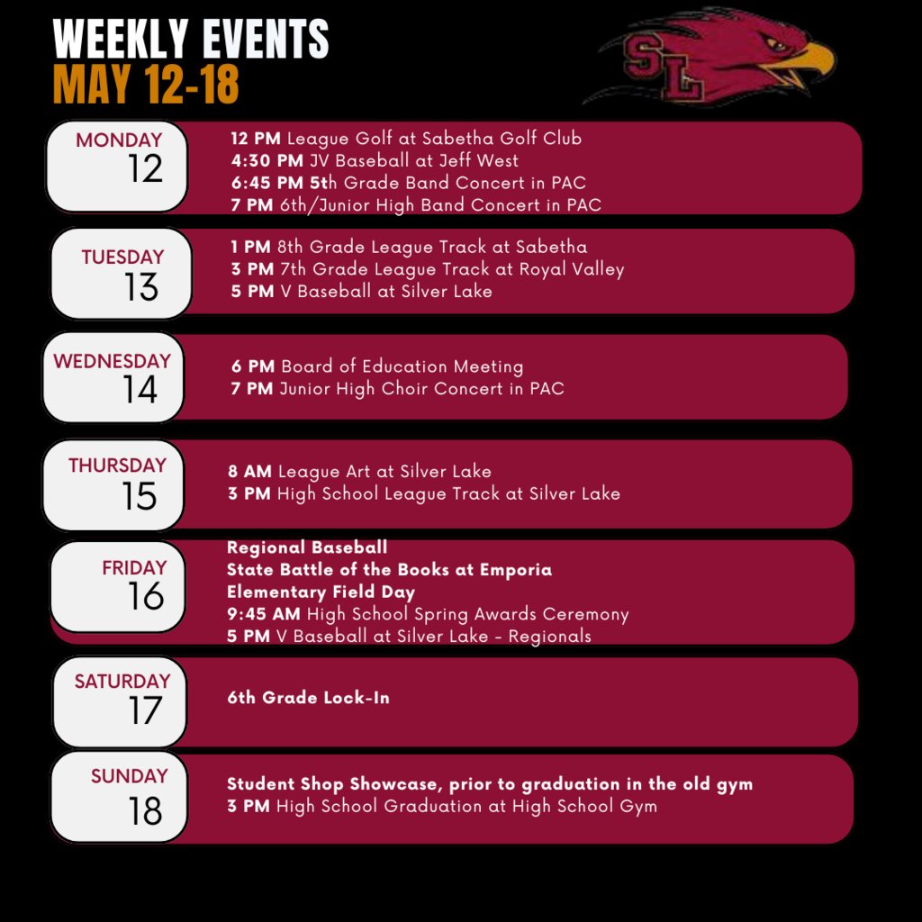 We hope all the moms had a wonderful Mother's Day!  Here is a look at all the activities for the week. #SLEagles