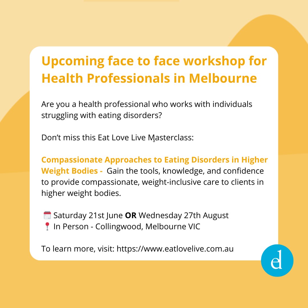 NEDC (@nedc_australia) on Twitter photo Are you a health professional who works with individuals struggling with eating disorders?
Don’t miss the upcoming <a href="/eatlovelive/">Eat Love Live</a> Masterclass: Compassionate Approaches to Eating Disorders in Higher Weight Bodies. To learn more, visit 🔗eatlovelive.com.au Are you a health professional who works with individuals struggling with eating disorders?
Don’t miss the upcoming <a href="/eatlovelive/">Eat Love Live</a> Masterclass: Compassionate Approaches to Eating Disorders in Higher Weight Bodies. To learn more, visit 🔗eatlovelive.com.au