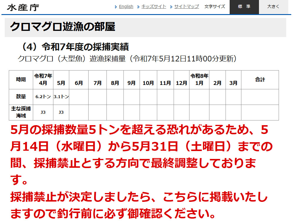 水産庁「クロマグロ遊漁の部屋」より
「5月の採捕数量5トンを超える恐れがあるため、5月14日（水曜日）から5月31日（土曜日）までの間、採捕禁止とする方向で最終調整しております。
採捕禁止が決定しましたら、こちらに掲載いたしますので釣行前に必ず御確認ください。」とのことです。