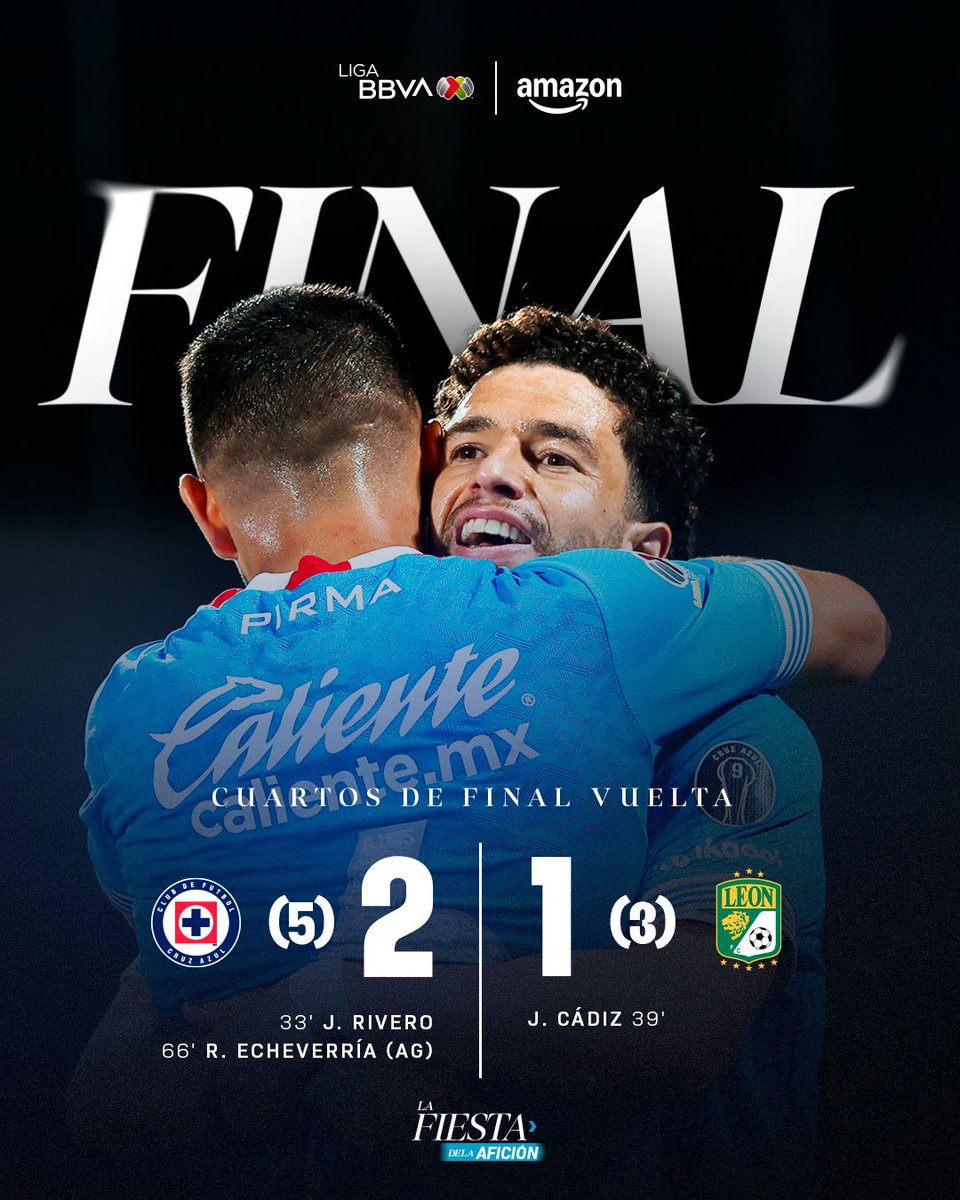 ¡Máquina imparable! 🚂💥

<a href="/CruzAzul/">CRUZ AZUL</a> venció a <a href="/clubleonfc/">Club León</a> en los dos partidos de la serie de Cuartos de Final y avanza con paso firme a las semifinales.

Los detalles: bit.ly/4iRnra5

* Entregado por <a href="/amazonmex/">Amazon México</a> 📦

#Clausura2025 #LaFiestaDeLaAfición
