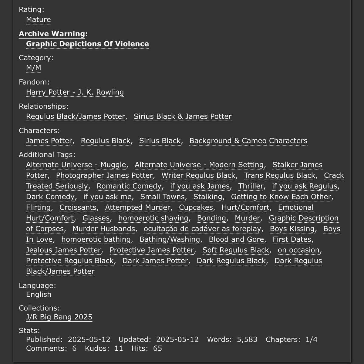 hello!! my contribution to the J/R Big Bang has been revealed. it is a dark but lighthearted take on jegulus with unhinged, obsessive james! 🫶🏻

🔗 archiveofourown.org/works/64543672/