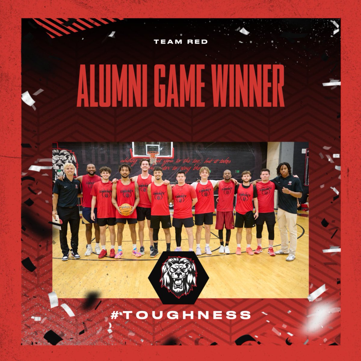Congrats to Team Red with an impressive 105-95 overtime win over Team Black. Team Red found themselves down by 16 and didn't take their first lead until overtime. Several Alumni Game records broken and that's updated on our website under records at LibertyLionsMBB.com.