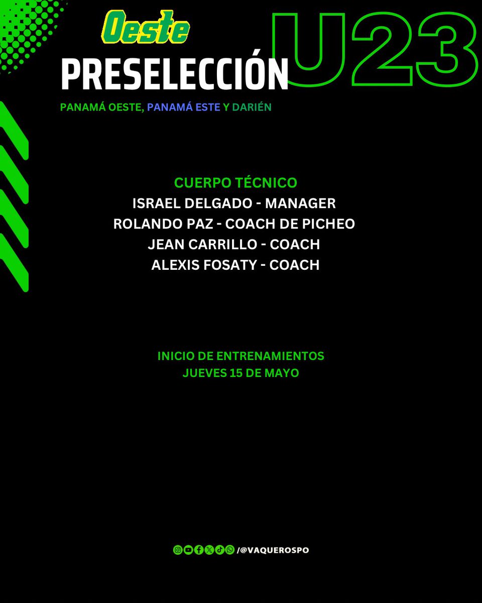Preselección U23 de Panamá Oeste para el Campeonato Nacional de la categoría que iniciará en Junio ⚾️ 

Este año a Los Vaqueros se le unen las provincias de Darién y Panamá Este ✅

Inicio de entrenamientos Jueves 15 de Mayo, por confirmar estadio y hora. 

#VamosVaqueros