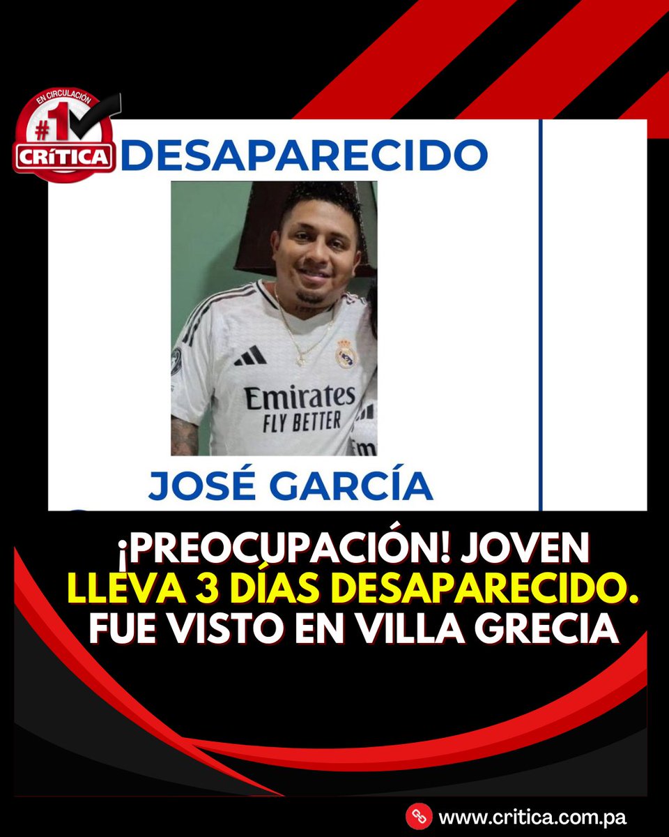 criticaenlinea's tweet image. #SucesosCri Según se informó, fue visto por última vez en el área de Villa Grecia, Panamá Norte. José vestía con pantalón largo y un suéter negro.
critica.com.pa/sucesos/preocu…