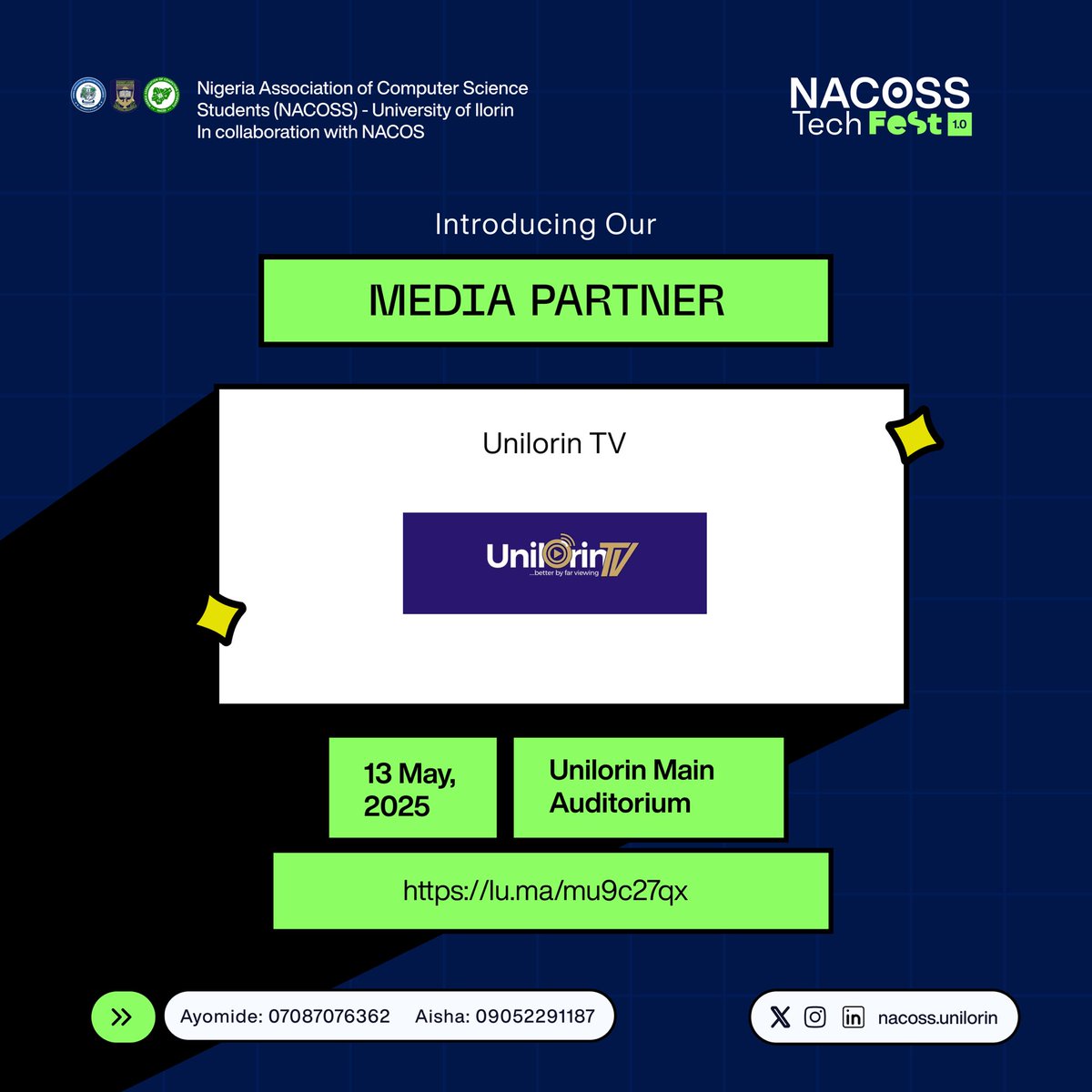 NACOSS_UIL's tweet image. Proud to have Unilorin TV as our Media Partner at #NACOSSTechFest1_0!
As the official TV station of the University of Ilorin, @UnilorinTV showcases academic excellence, research innovations, and campus life.
Bringing the university community closer.
📅 13 May | Unilorin
#TechFest