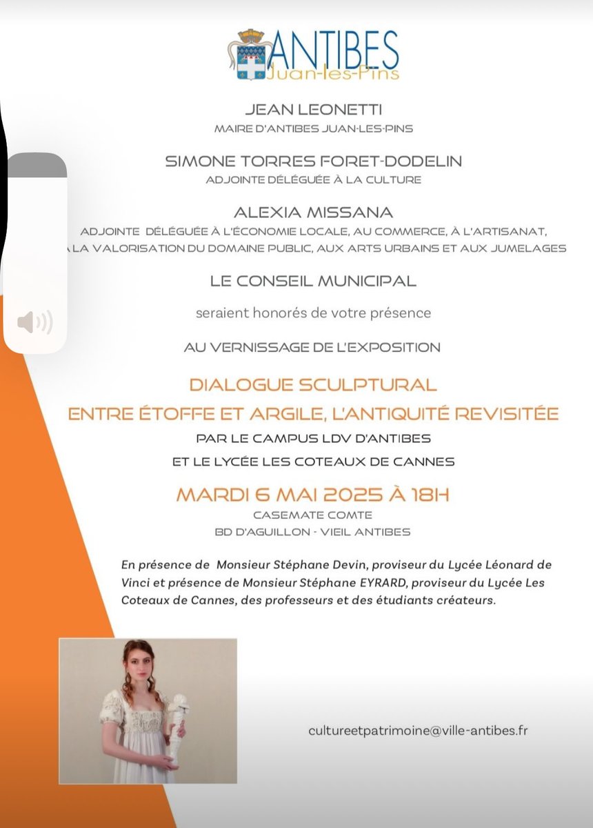 N’oubliez pas d’aller visiter l’exposition Dialogue sculptural entre étoffe et argile, l’antiquité revisitée réalisée par les étudiants de DNmade des ⁦<a href="/Lcoteauxcannes/">Lycée Les Coteaux</a>⁩ et ⁦<a href="/LdLycee/">Campus LdV</a>⁩. 🙏 ⁦<a href="/JeanLeonetti/">Jean Leonetti</a>⁩  et  à la mairie d’Antibes