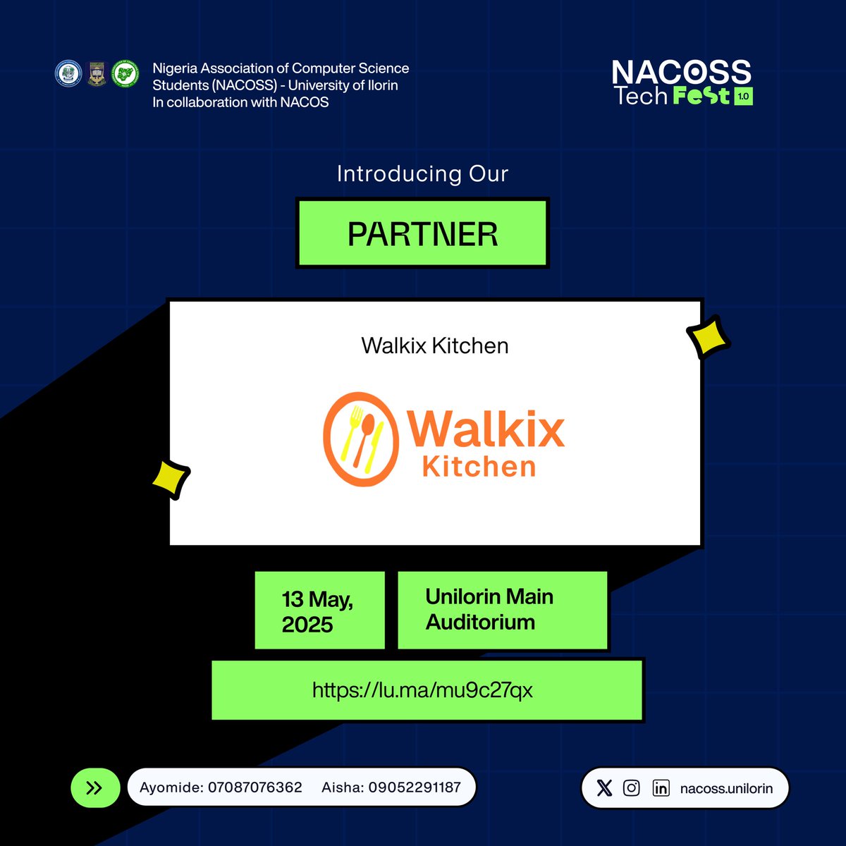 NACOSS_UIL's tweet image. We’re thrilled to welcome Walkix Kitchen as a Partner for #NACOSSTechFest1_0! Known for their unique blend of traditional African dishes and modern culinary twists,@Walkix1  brings flavor, culture, and community spirit to the table. Join us on May 13!
lu.ma/mu9c27qx
