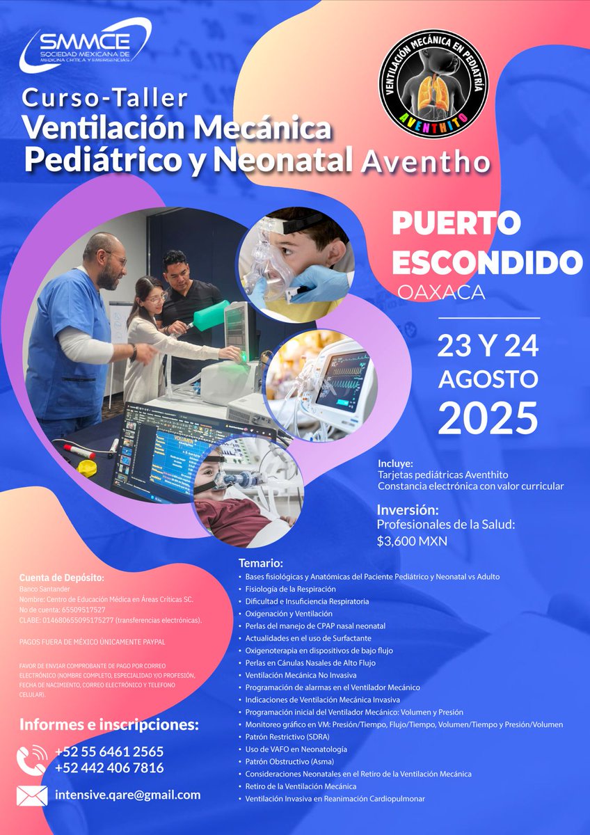 MedCritPed's tweet image. Curso Taller de Ventilación Mecánica en Pediatría y Neonatología AVENTHITO🔝AVENTHO

Mejorar se encuentra en ti y te ayudaremos a ello 👶🏻👦🏼🫁 🇲🇽

Fechas
Celaya mayo 16 y 17
CDMX junio 28 y 29
Ciudad Juarez julio 18 y 19
Puerto Escondido agosto 23 y 24
San José 🇨🇷 octubre 25 y 27