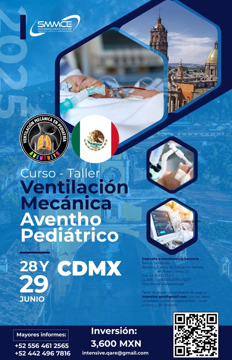 MedCritPed's tweet image. Curso Taller de Ventilación Mecánica en Pediatría y Neonatología AVENTHITO🔝AVENTHO

Mejorar se encuentra en ti y te ayudaremos a ello 👶🏻👦🏼🫁 🇲🇽

Fechas
Celaya mayo 16 y 17
CDMX junio 28 y 29
Ciudad Juarez julio 18 y 19
Puerto Escondido agosto 23 y 24
San José 🇨🇷 octubre 25 y 27