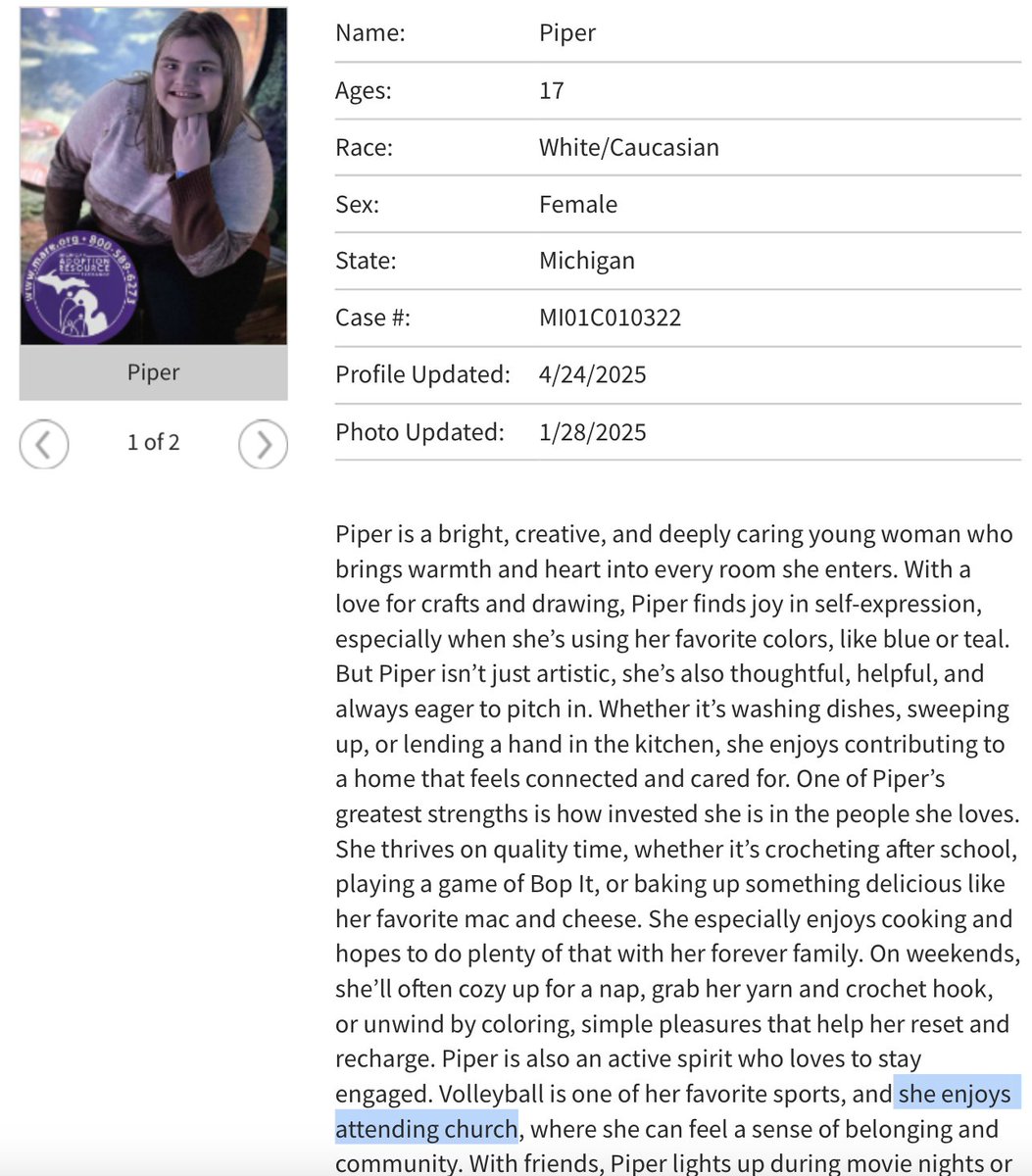 Piper enjoys attending church. Forgive the repeated posts on this, but I'm genuinely alarmed this weekend by how many church-going teens I've seen actively seeking religious families. I was not expecting to find Christian teens sitting in foster care.