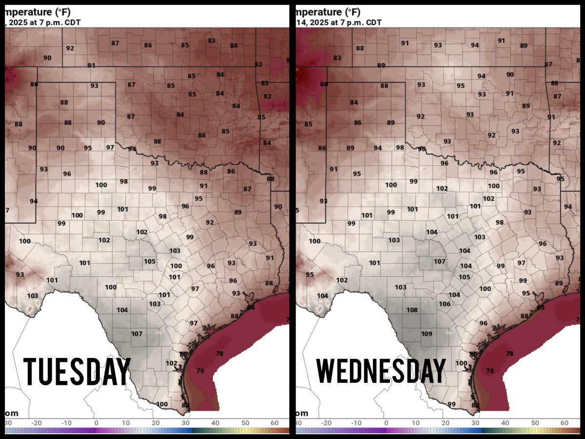 DANGEROUS TEXAS HEAT: These temps that we're expecting this week are unprecedented. Areas near Laredo could hit 110 by Wednesday. San Antonio won't be far behind.

And it's not even summer... #txwx