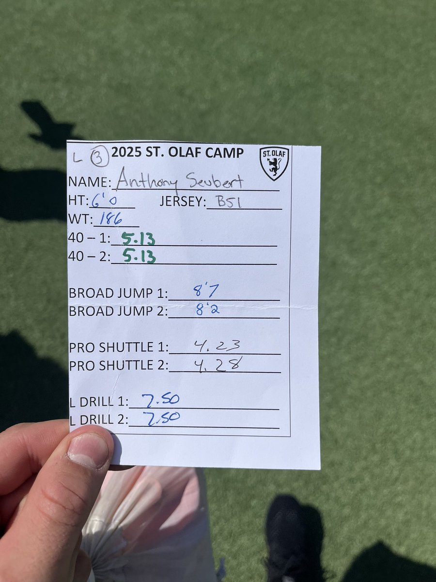 Anthony Seubert (@anthonyseubert) on Twitter photo Here are my testing numbers from my recent camp at St. Olaf on Saturday.
<a href="/StOlafFB/">St. Olaf Football</a> <a href="/elks_recruits/">Elk River HS Football Recruiting</a> <a href="/ElkRiverElksFB/">Elk River Football</a> Here are my testing numbers from my recent camp at St. Olaf on Saturday.
<a href="/StOlafFB/">St. Olaf Football</a> <a href="/elks_recruits/">Elk River HS Football Recruiting</a> <a href="/ElkRiverElksFB/">Elk River Football</a>