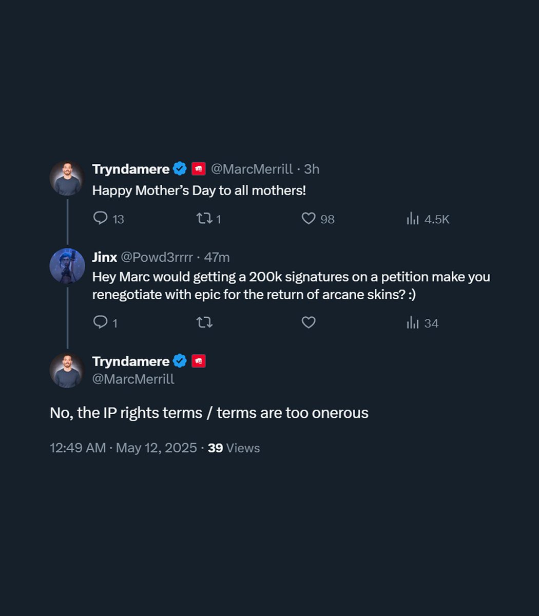 ShiinaBR's tweet image. A Riot Games Co-Founder has once again made it clear that there&apos;s currently no intention to renegotiate the Fortnite Arcane deal with Epic Games 💀

&quot;No, the IP rights terms / terms are too onerous&quot;

(Thanks to @Powd3rrrr for the info)