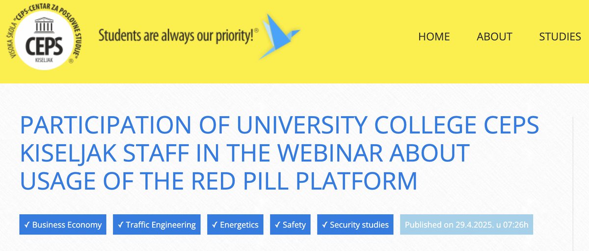 Exciting to see our partners like University College CEPS Kiseljak share their positive experience with RedPill! They recently participated in our webinar focused on bridging the academia-industry gap. 🔗
Read their insights: en.ceps.edu.ba/Novost.aspx?id…
#RedPill #EdTech #Partnership