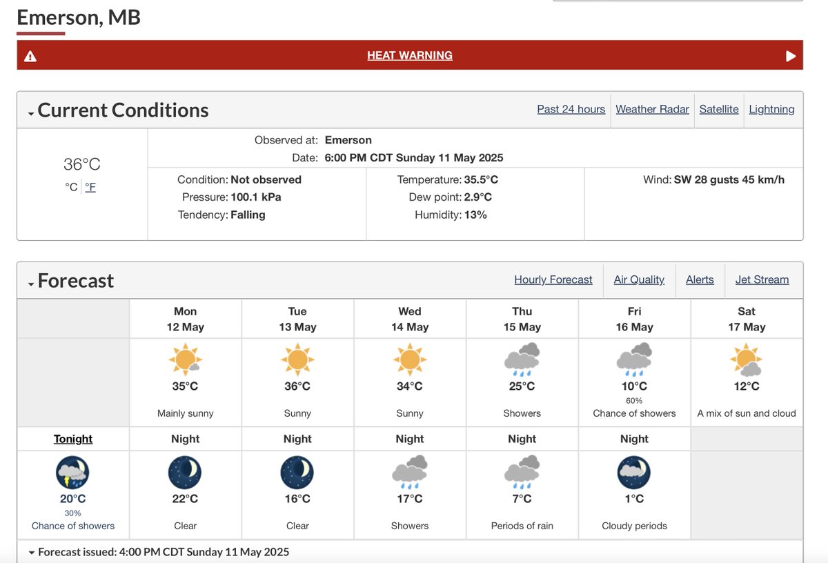 ‼️Exceptionally high temperatures in Manitoba, Canada‼️

🌡️37.8°C Emerson ➡️ Earliest 100°F ever recorded that early in Canada [NB: 37.2°C on April 27, 1952 in Emerson].

🌡️36.7°C Gretna
🌡️35.4°C Pilot Mound
🌡️34.4°C Sprague

More records coming next days! Crazy. #MBstorm