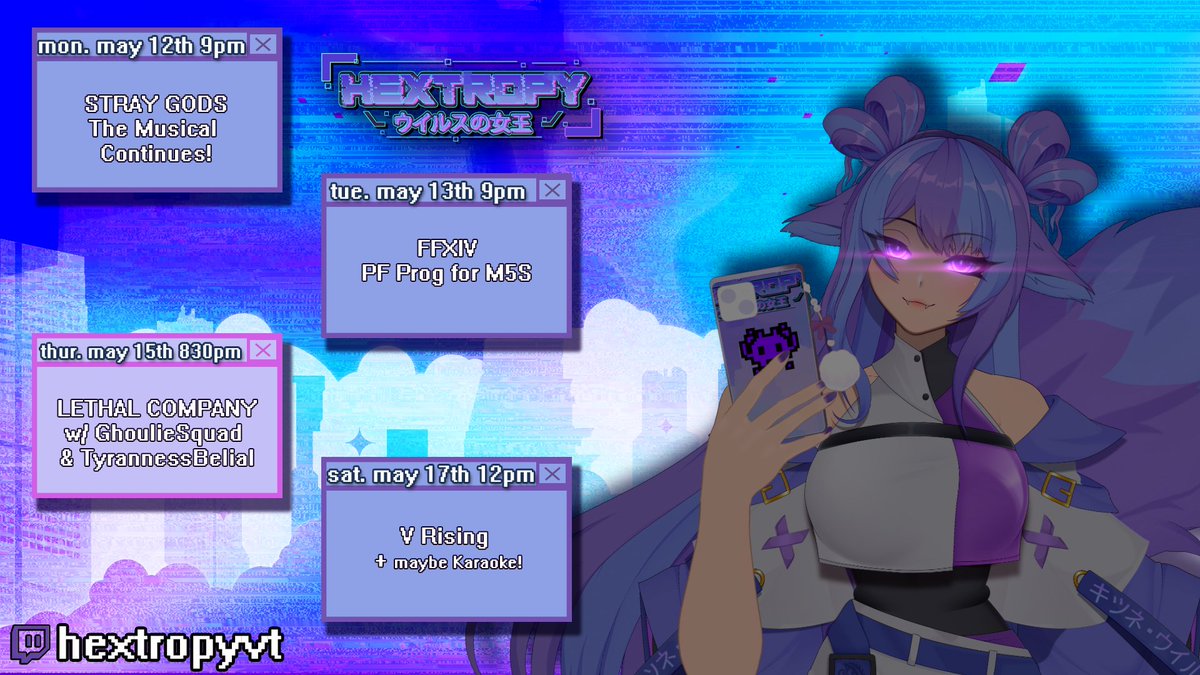 hextropy's tweet image. ⚠️ＰＬＡＮＮＥＤ ＢＲＯＡＤＣＡＳＴＳ 5/12 - 5/17⚠️
                   ​🇦​​🇱​​🇱​ ​🇹​​🇮​​🇲​​🇪​​🇸​ ​🇮​​🇳​ ​🇺​​🇸​ ​🇪​​🇩​​🇹​​

A packed week this week including a collab with Ghoulie &amp;amp; TyrannessBelial~ 

See you soon Pixels! 💜💙

#hexlivexe #vtuber #ENVtuber #VSky