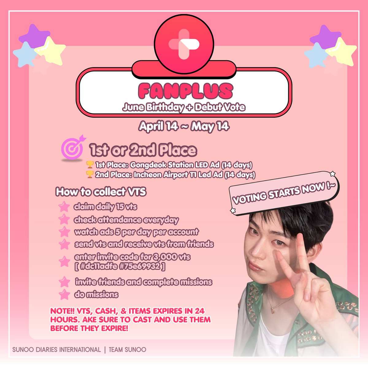 [🗳️] 250512 • FANPLUS

Start collecting your VTs of the day with all of your accounts, make sure to cast them for #SUNOO as it expires daily!

🎯 Goal: Rank 1 or 2
📊 Current Rank: #3 🚨

(Log in here to get extra 1k VTs 👇🏻)
🖇️: fanplus.co.kr/en/votes/412/

INVITE CODE: #e9557de8