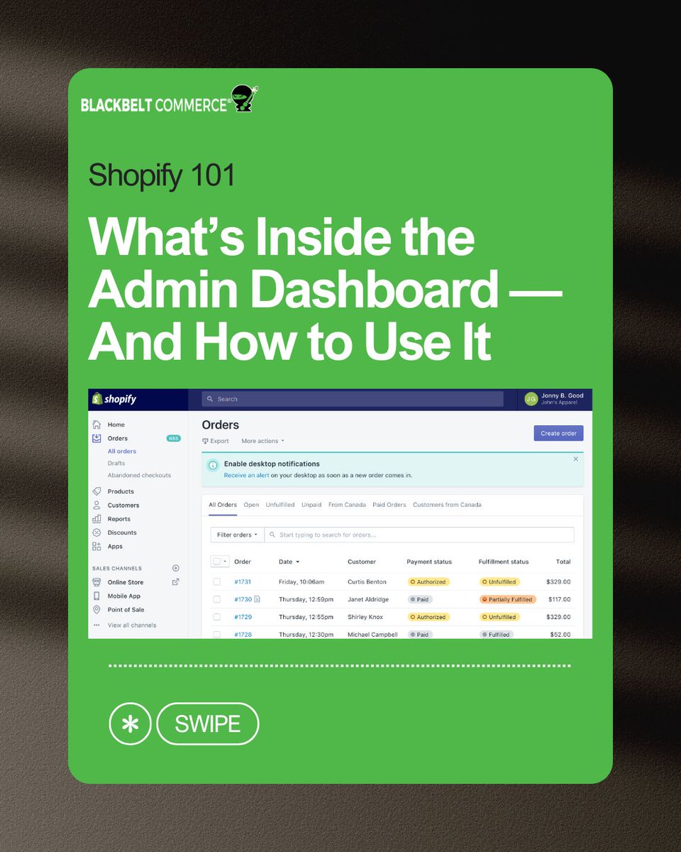 BBCommerce2017's tweet image. 🚨 Shopify 101: Your Admin = Your Command Center.
✅ Track orders
✅ Manage products &amp;amp; inventory
✅ Customize themes
✅ View reports &amp;amp; customer data
We train teams to run stores like pros.
📩 Want to simplify Shopify? Link in bio.
#ShopifyAdmin #BlackbeltCommerce #ShopifySupport