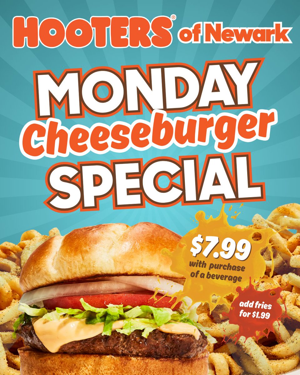 HootersNewark's tweet image. 🔥 Kick off your week with a great deal at Hooters of Newark! 🔥
Every Monday, enjoy a Cheeseburger for just $7.99 with the purchase of a beverage. Want more? Add a side of crispy Fries for only $1.99! 🍔🍟
Perfect for lunch, dinner, or anytime you’re craving that Hooters f ...
