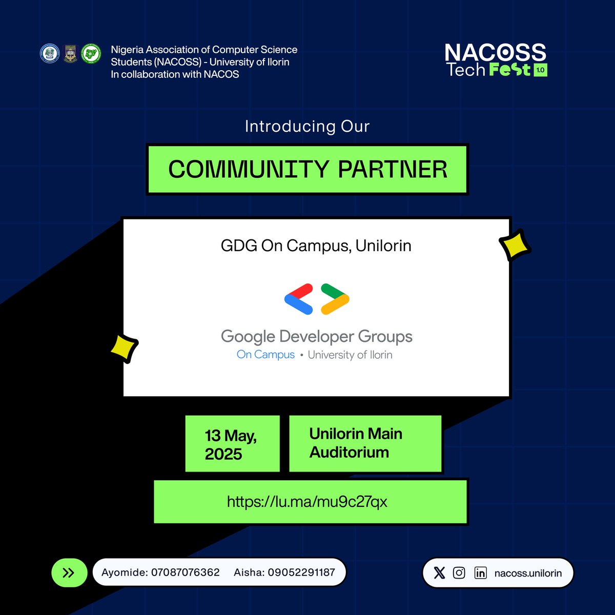 NACOSS_UIL's tweet image. Proud to have @gdgIlorin on Campus, 
 as a Community Partner for #NACOSSTechFest1_0!
As the largest Google Developer Student community in Africa,fostering innovation and collaboration among tech enthusiasts at the University of Ilorin.
Building the future,one developer at a time.