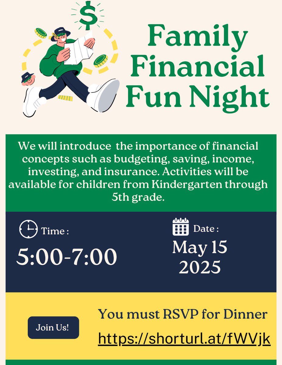 📣Family Financial Fun Night is this Thursday, May 15, from 5:00–7:00 PM!  

You will enjoy fun activities for all ages while learning about:
💰 Budgeting
💵 Saving
🏦 Income
📈 Investing

📣Free dinner is included if you RSVP!
Please sign up here: shorturl.at/fWVjk