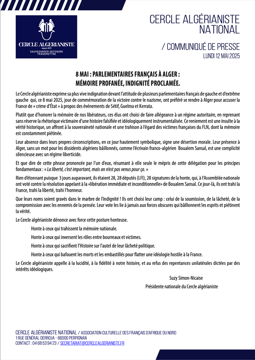 cercleALG_off's tweet photo. Communiqué de Suzy Simon-Nicaise, présidente du Cercle algérianiste :
8 MAI 2025 : Parlementaires Français à Alger, mémoire profanée, indignité proclamée !
Voir le communiqué :
https://t.co/Qqwd8UVlzp
#cerclealgerianiste
https://t.co/vzgfi5GjkE https://t.co/66DnmqvMiG