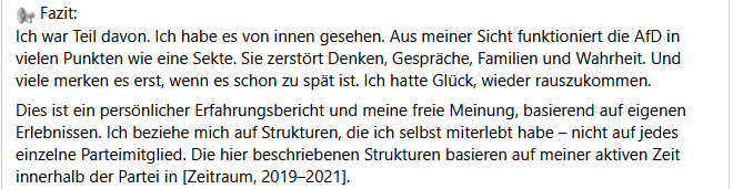 Ein Statement eines Nachbarn in meinem Viertel zur #AfD. Ich habe mich, bis vor einiger Zeit, noch sehr mit ihm gefetzt. Seit er aus der Partei raus ist und wieder Platz zum Atmen und Denken hat, ist er wie ausgewechselt. Es freut mich sehr für ihn.
Vielleicht hilft es dem ein