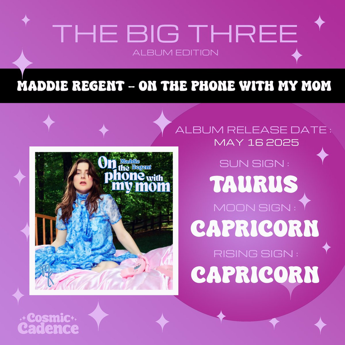 The big 3 reveal of <a href="/MaddieRegent/">Maddie🖤</a>’s album, On the phone with my mom (coming out this Friday May 16)! ♉️ Make sure to check the album out, and we hope you get to celebrate Mother’s Day today with whoever the powerful women figures are in your life! 💜

#maddieregent #mothersday