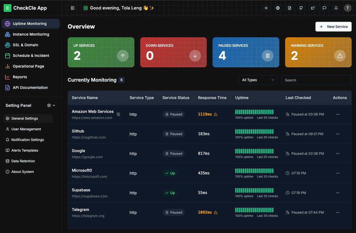 CheckCle是一款开源的全栈实时监控利器，能助您轻松守护从服务器、应用程序到各类在线服务的运行状态。

🎯 github.com/operacle/check…

它不仅追踪在线时长、响应速度及SSL证书状态，还能在服务异常时通过邮件、Telegram等多种方式即时告警，并提供清晰的故障历史记录与状态概览页面。