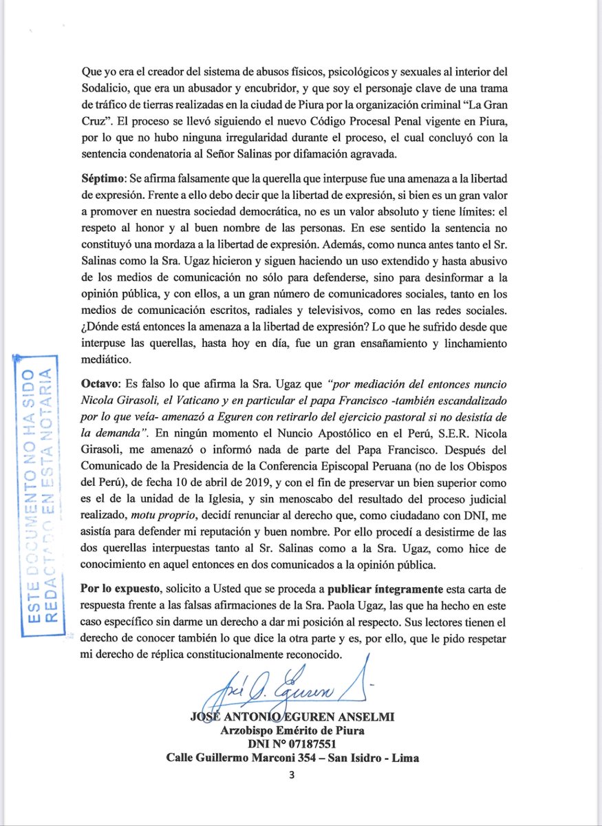 CARTA de José A. Eguren del Ex Sodalicio del 30 de abril, antes de que se elija como Papa a León XIV (Robert Prevost) dónde se contradice: niega que su salida sea por culpa de Prevost pero a su vez afirma que le ha pedido más de una vez a Prevost las razones de su salida 🧵