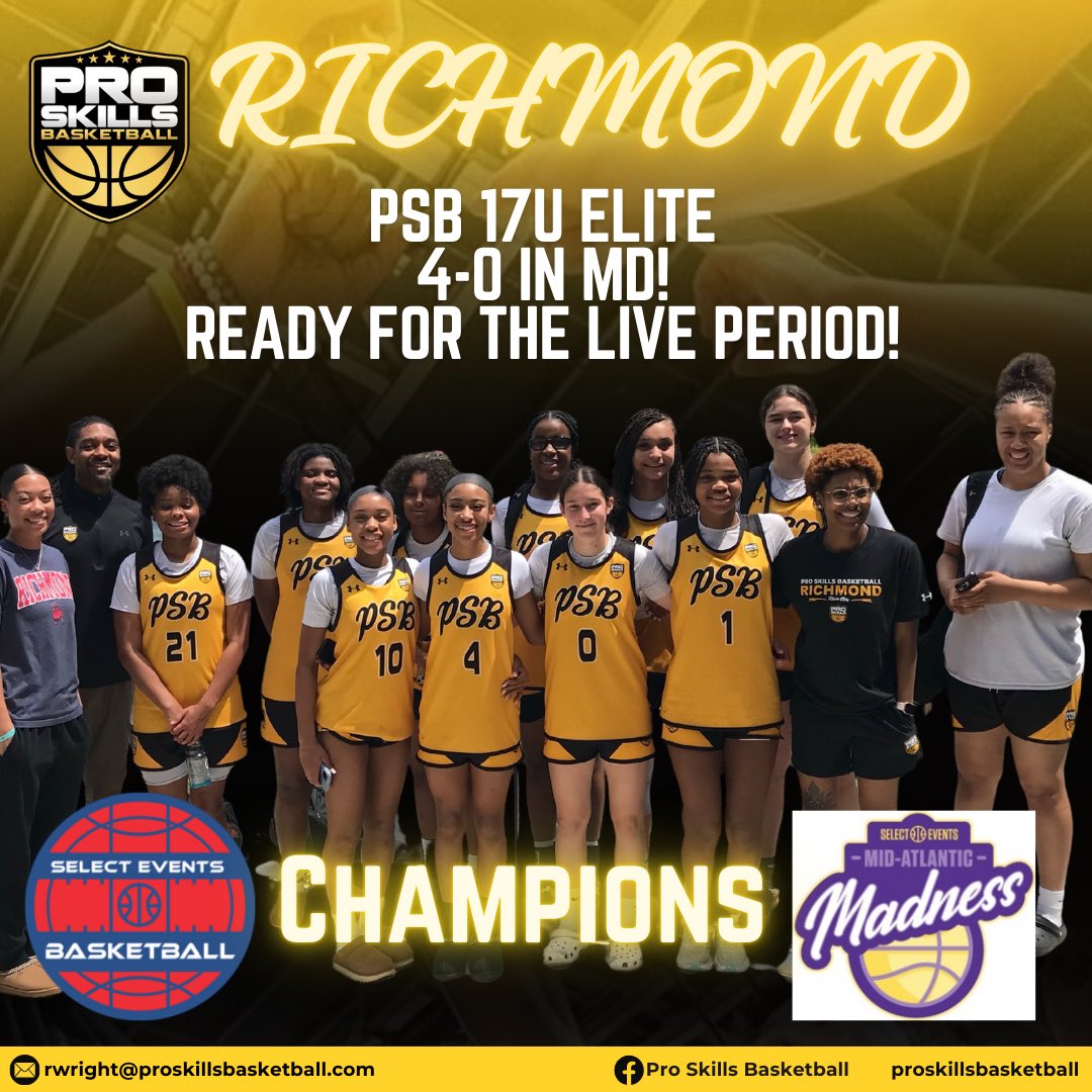Pro Skills Richmond (@psbrichmond) on Twitter photo PSB Richmond 17U Elite Girls had an OUTSTANDING weekend going 3-0 in pool B & defeating the undefeated Germantown Lady Panthers GUAA from pool A in the AB championship game winning The Mid-Atlantic Madness 17U Championship • Avg margin of victory 21pts! <a href="/SelectEventsBB/">Select Events Basketball</a> PSB Richmond 17U Elite Girls had an OUTSTANDING weekend going 3-0 in pool B & defeating the undefeated Germantown Lady Panthers GUAA from pool A in the AB championship game winning The Mid-Atlantic Madness 17U Championship • Avg margin of victory 21pts! <a href="/SelectEventsBB/">Select Events Basketball</a>